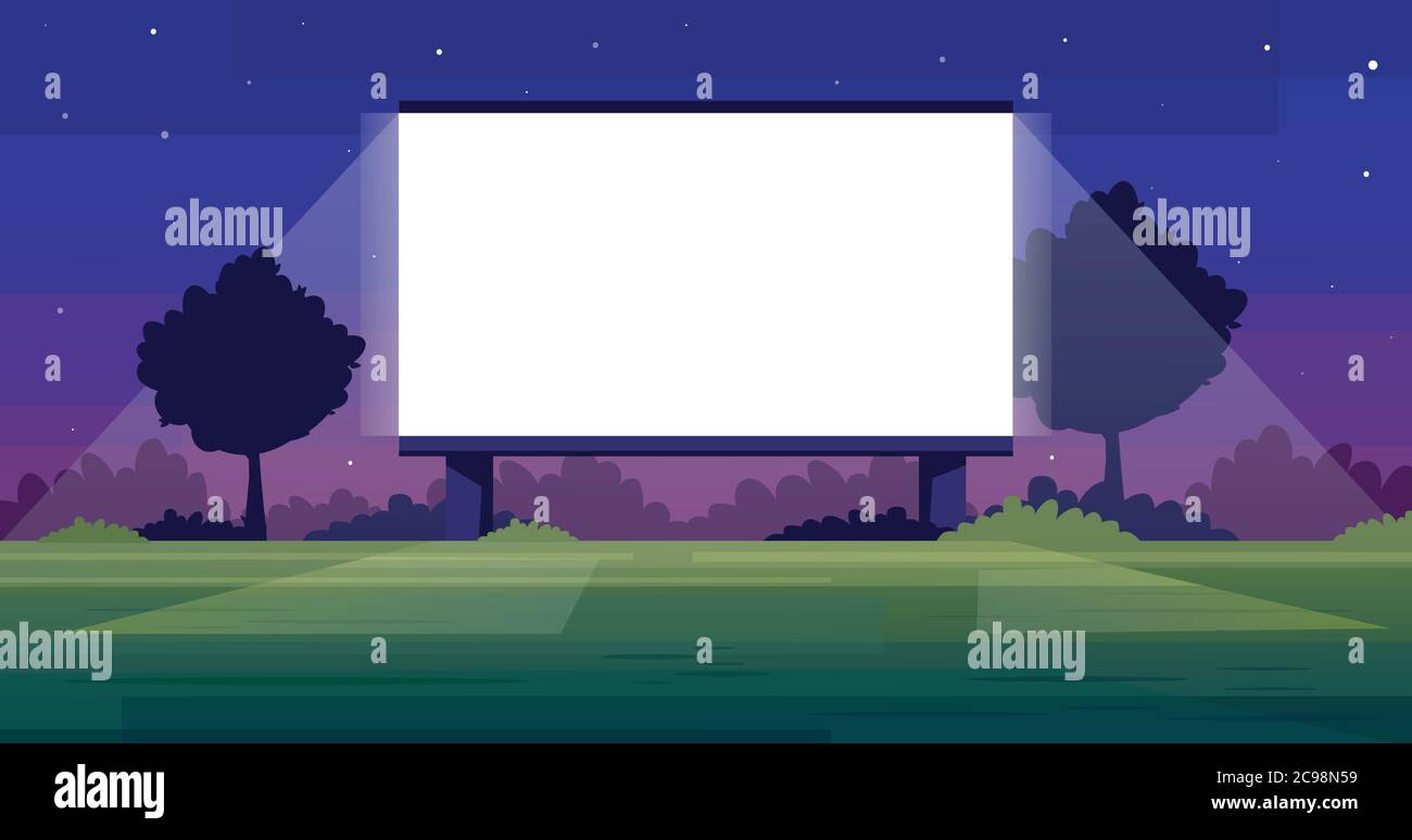 Halbflache Vektorgrafik auf der Freiluftkinoleinwand. Leerer Platz zum Ansehen von Filmen draußen. Öffentlicher Unterhaltungsbereich am Wochenende. Filmabend im Freien Stock Vektor