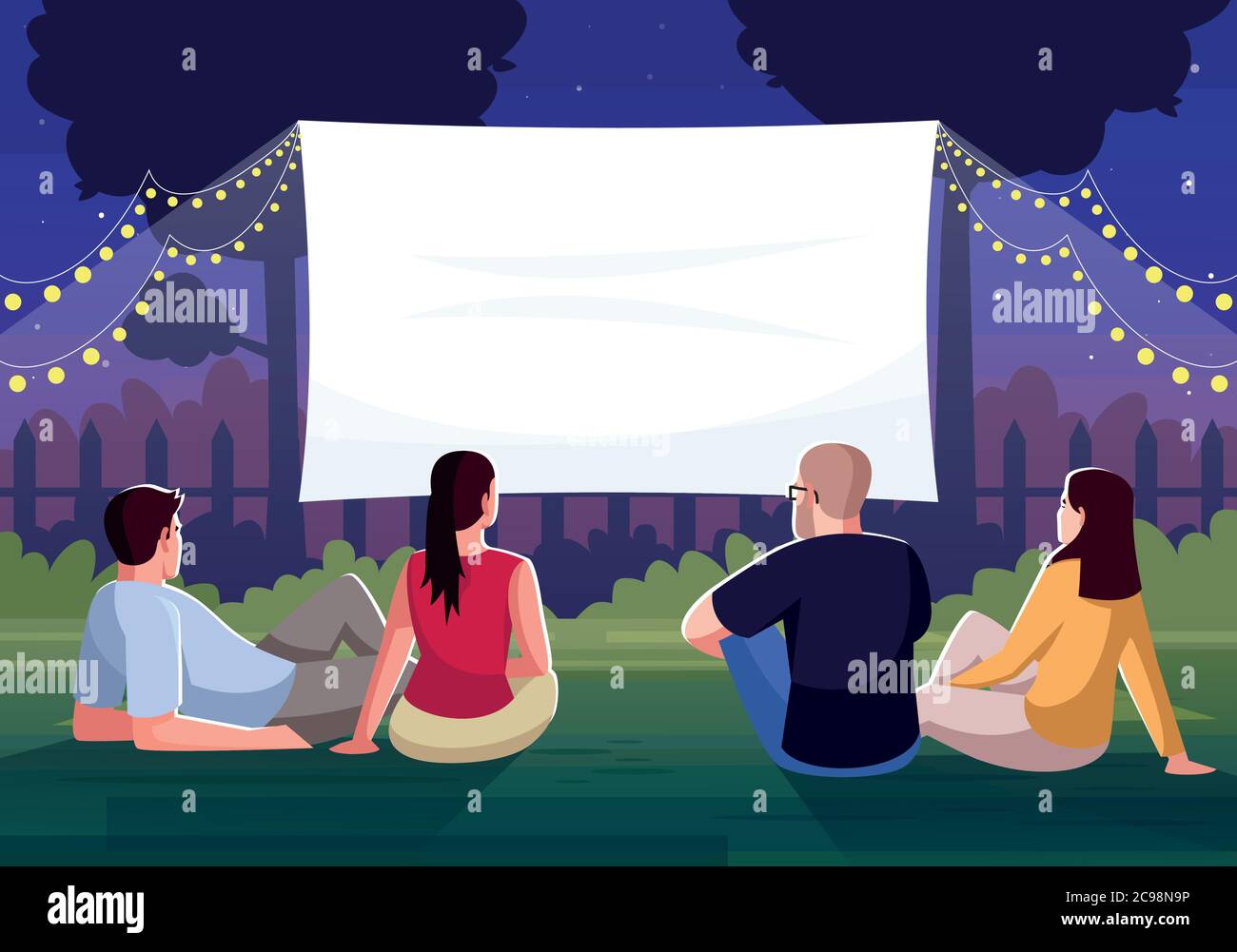 Hinterhof Kino beobachten semi flach Vektor-Illustration. Freunde Lounge im Hof zusammen. Großer leerer Bildschirm für einen Filmabend am Wochenende. Personen außerhalb von 2D Stock Vektor