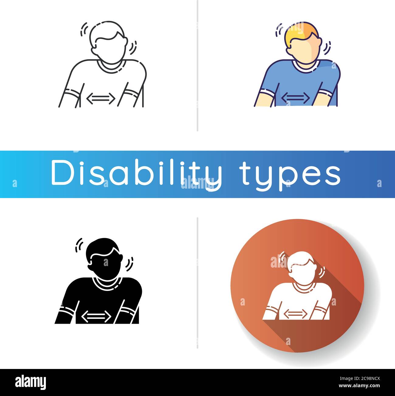 Symbol für Tourette-Syndrom. Der Patient leidet an einer chronischen Erkrankung. Körperliche Behinderung mit sich wiederholenden Bewegungen. Medizinischer Zustand. Lineares Schwarz und RGB-Farbregler Stock Vektor