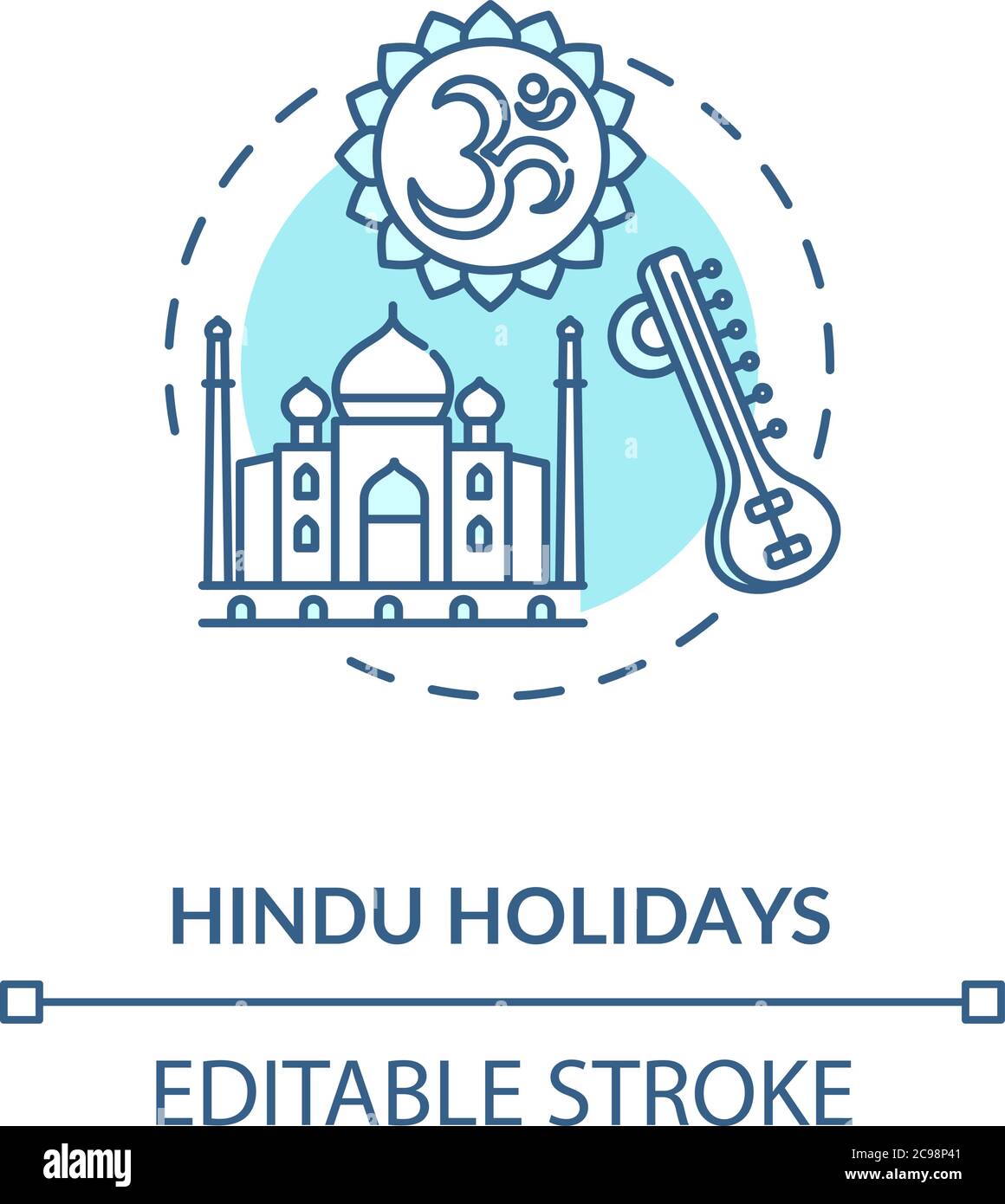 Symbol für Hindu-Feiertage. Indische Religion, hinduismus Idee dünne Linie Illustration. Traditionen Indiens. Taj Mahal und om Zeichen Vektor isoliert Umriss Stock Vektor