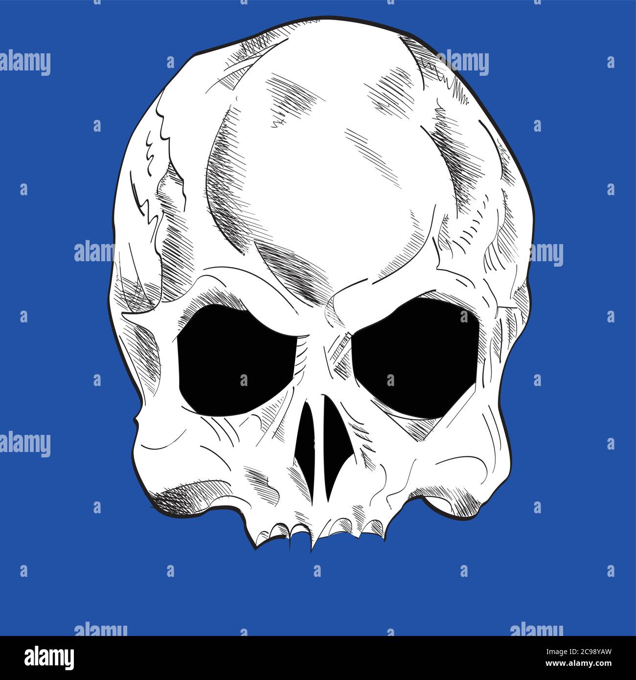 Totenkopf Vektor Zeichnung isoliert auf blauem Hintergrund für T-Shirts oder Plakate Stock Vektor