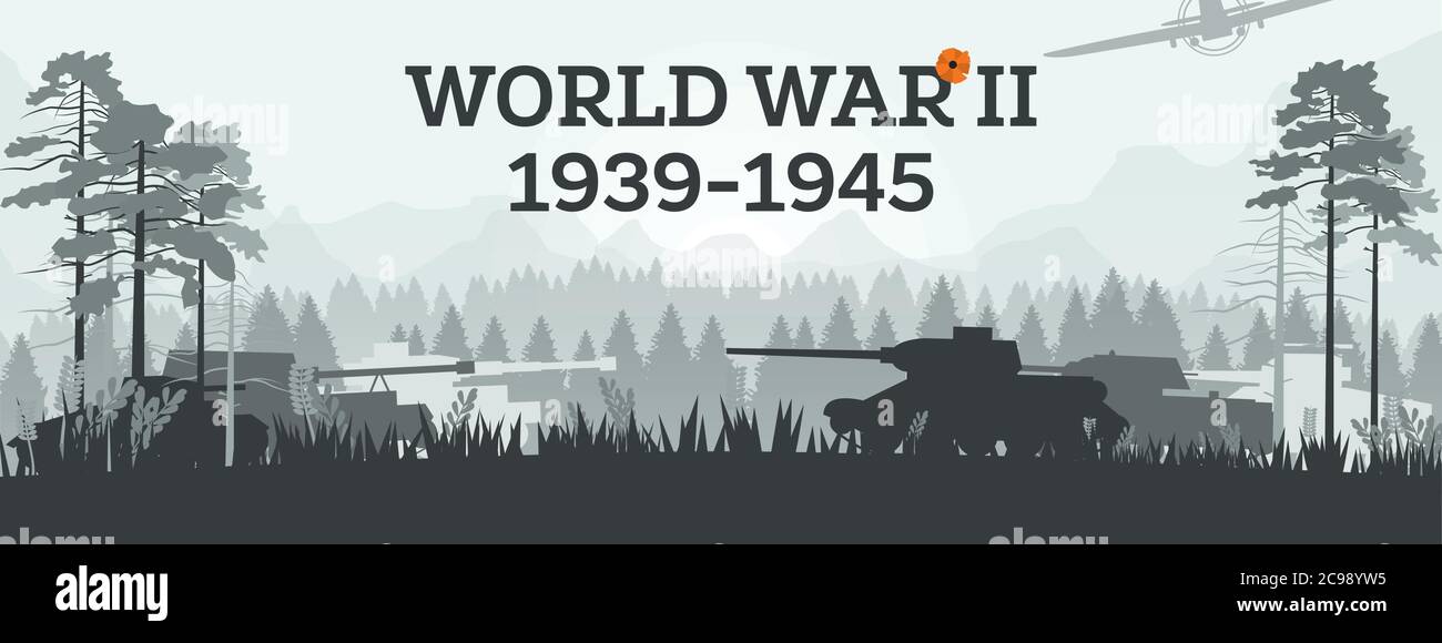 Zweiter Weltkrieg 1939-1945. Vektorgrafik. Militärisches Konzept mit Panzern im Wald. Schlachtfeld. Kriegsschauplatz. Stock Vektor