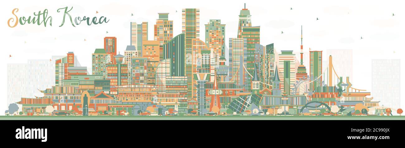 Skyline von Südkorea mit grauen Gebäuden. Vektorgrafik. Tourismuskonzept mit historischer Architektur. Südkoreanisches Stadtbild mit Wahrzeichen. Stock Vektor