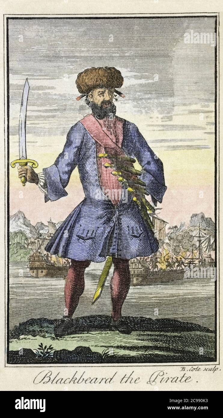 Edward Teach, um 1680 - 1718. Englischer Pirat bekannt als Blackbeard. Nach einem Stich von Benjamin Cole aus dem Buch A General History of the Pyrates etc von Captain Charles Johnson, veröffentlicht 1724 Stockfoto