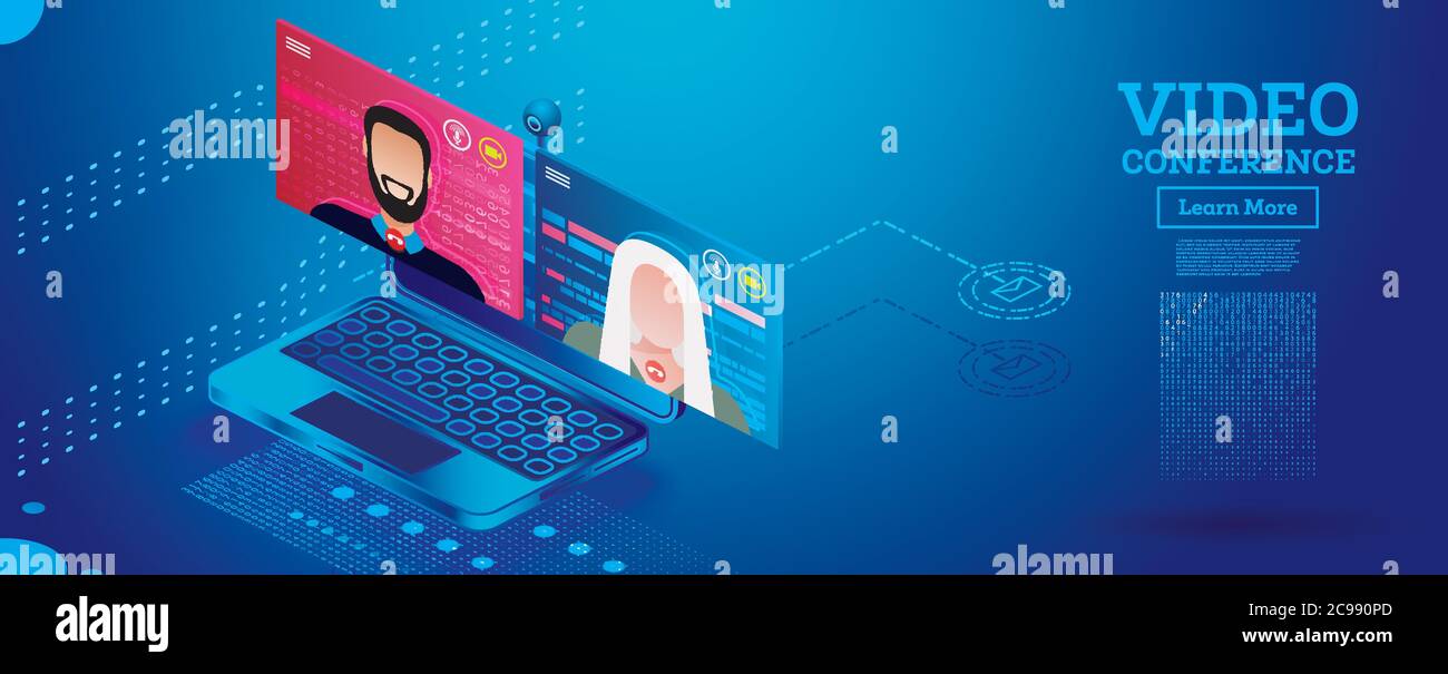 Videokonferenz auf Laptop. Online-Meeting. Startseite des Arbeitsformulars. Isometrisches Konzept mit Notebook. Vektorgrafik. Videokonferenzen zu Hause. Stock Vektor
