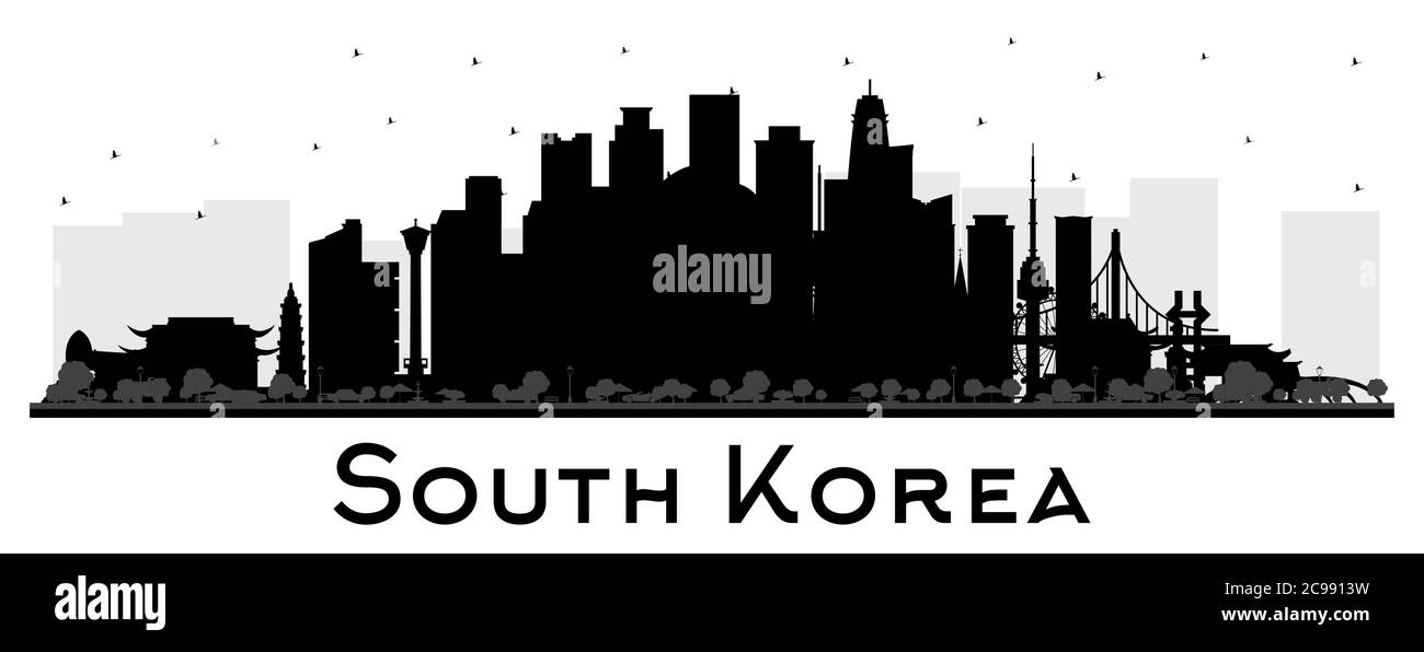 Südkorea City Skyline Silhouette mit schwarzen Gebäuden isoliert auf Weiß. Vektorgrafik. Tourismuskonzept mit historischer Architektur. Stock Vektor