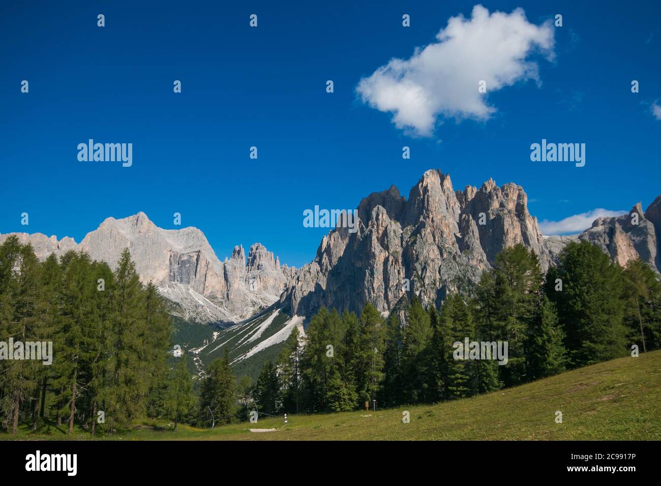 Sommeransicht des Rosengarten-Bergkette im Trentino Stockfoto