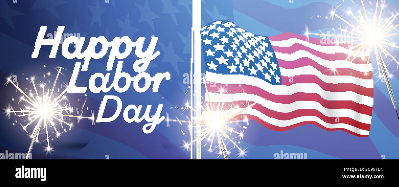 Alles Gute Zum Tag Der Arbeit. Banner mit US-amerikanischer Flagge und Feuerwerk. Vektorgrafik. American Labor Day Wallpaper. Stock Vektor