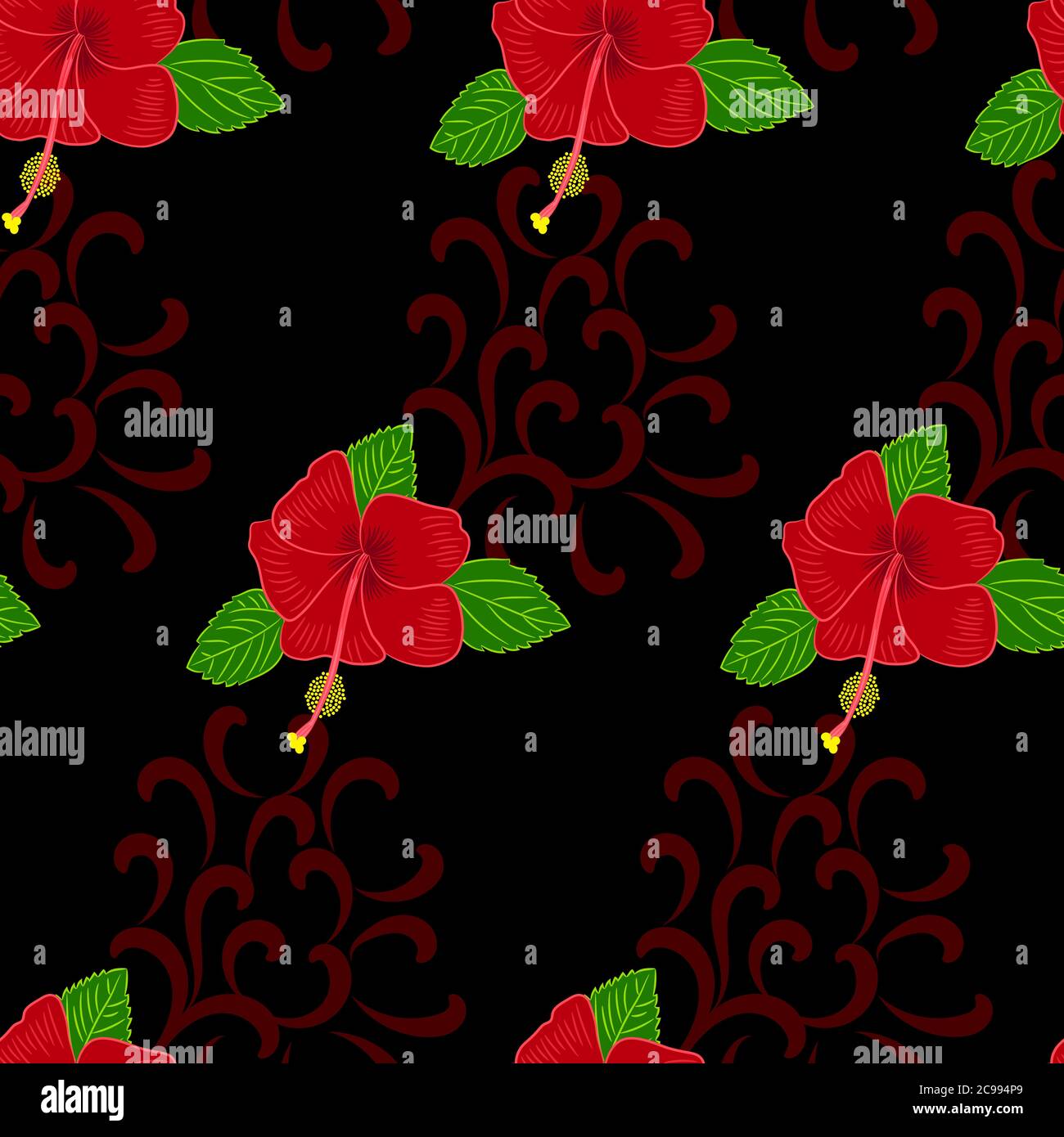 Nahtloses Muster Tapete von Hibiscus Blumen und Blätter auf schwarzem Hintergrund. Handgezeichnete Vektorgrafik. Stock Vektor