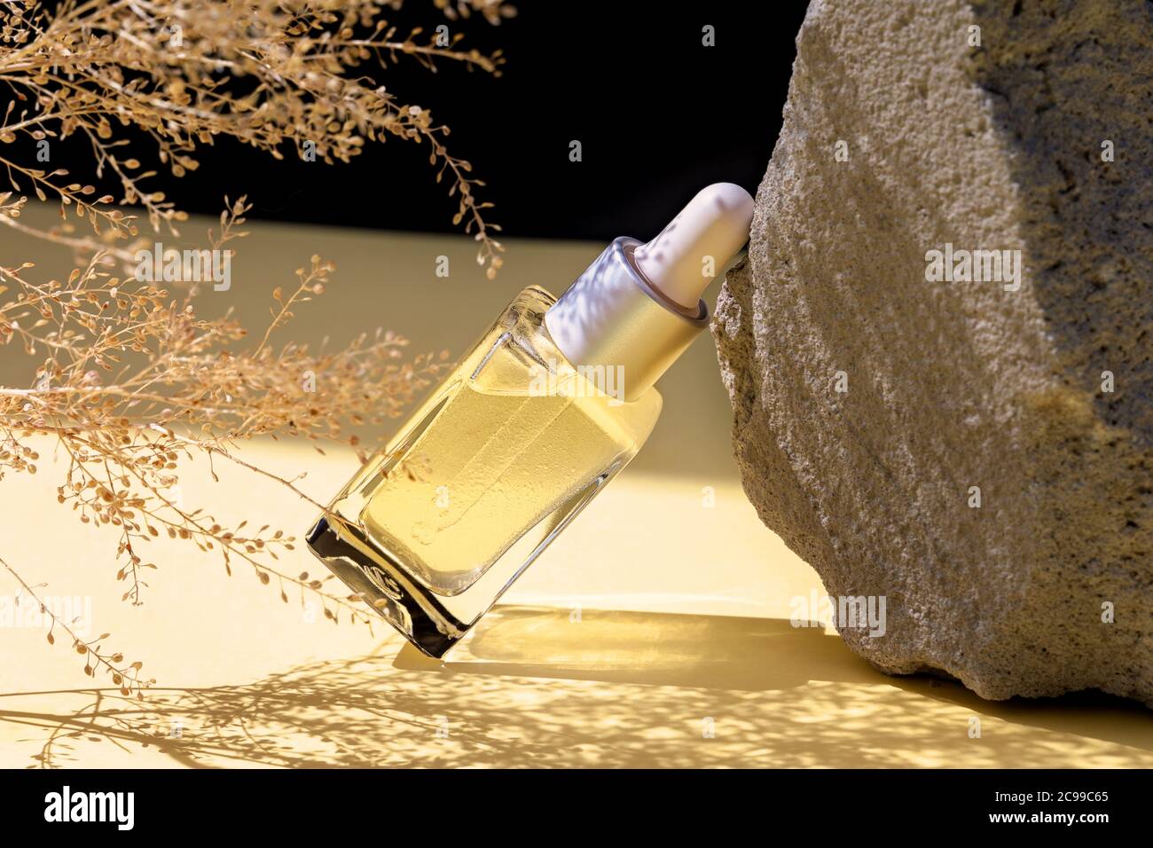Konzept von Wellness und Naturkosmetik.Flasche pflanzliches ätherisches Massageöl in Fotokomposition aus Stein und getrockneten Blumen auf schwarzem Hintergrund Stockfoto