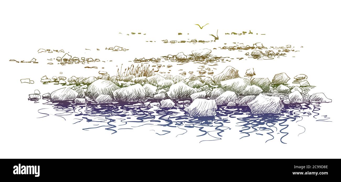 Skizze Seascape. Handgezeichnete Küste, Steine, Wasser Stockfoto