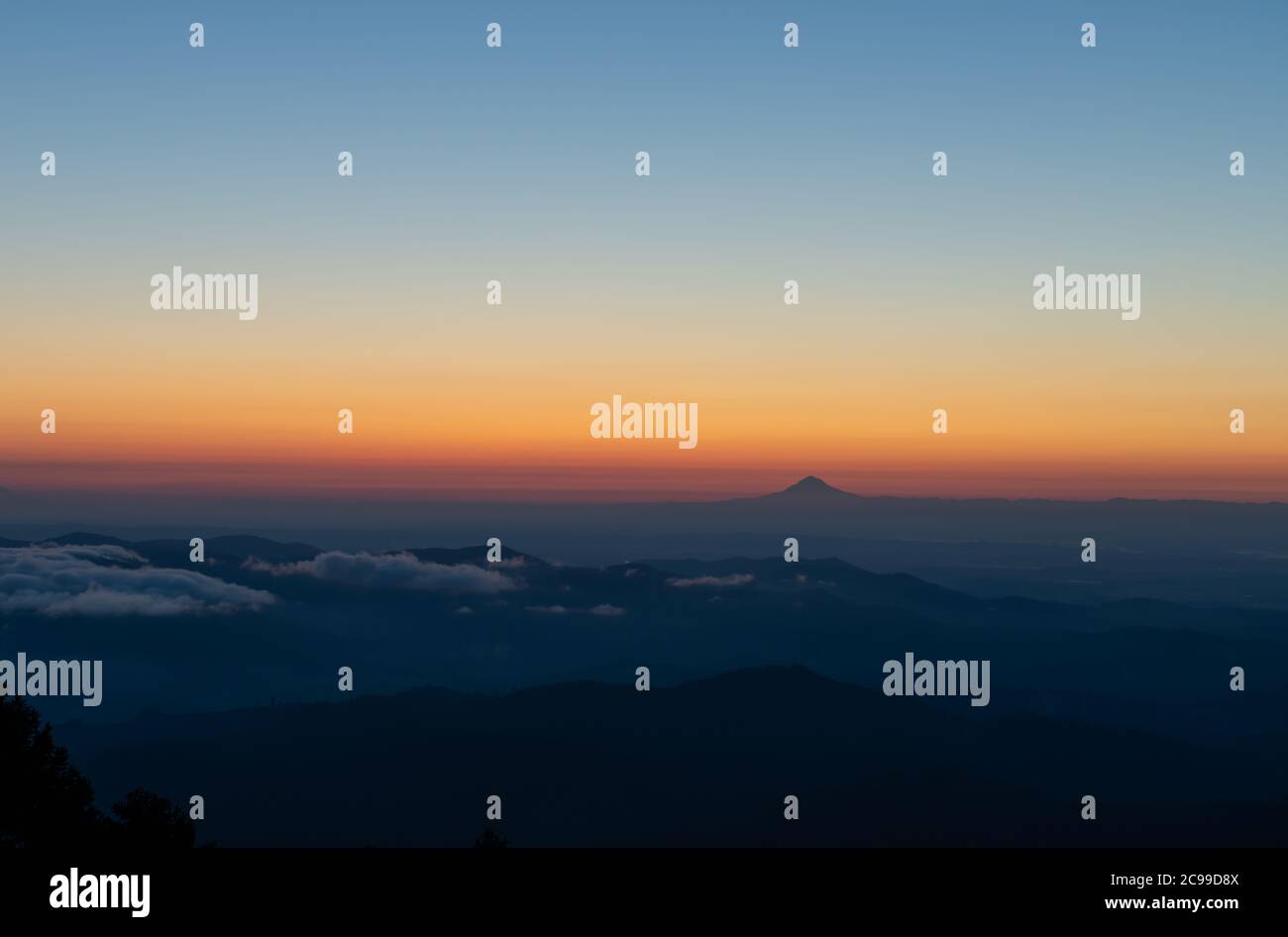 Blick auf das Willamette Valley und Mount Hood, kurz vor Sonnenaufgang, vom Marys Peak, Oregon, USA Stockfoto