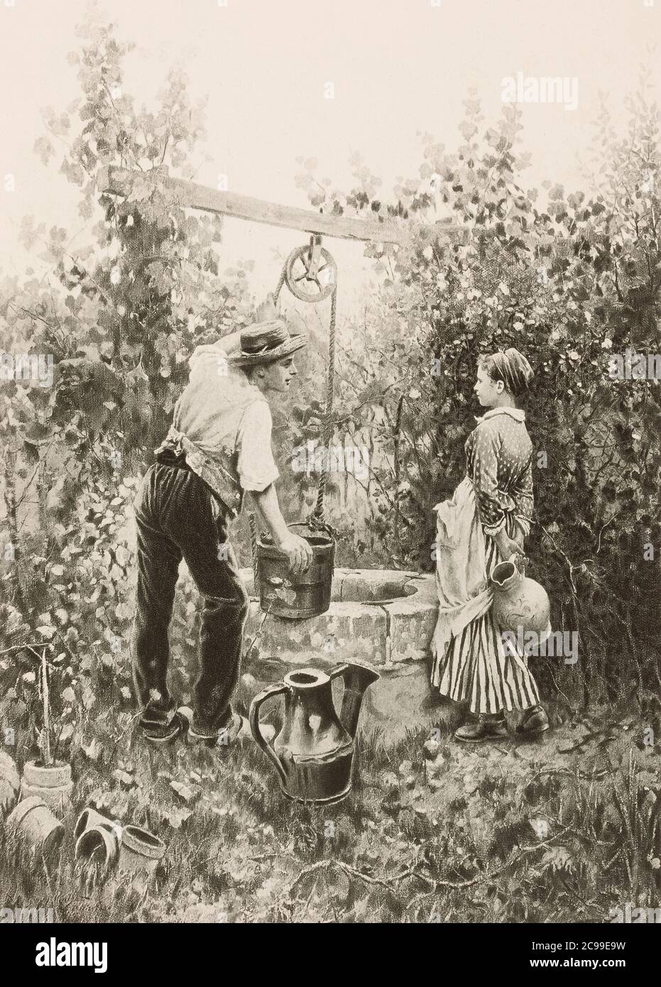 1890 Fotogravur eines Gemäldes des amerikanischen Künstlers Daniel Ridgway Knight mit der Bildunterschrift, am Brunnen. Stockfoto