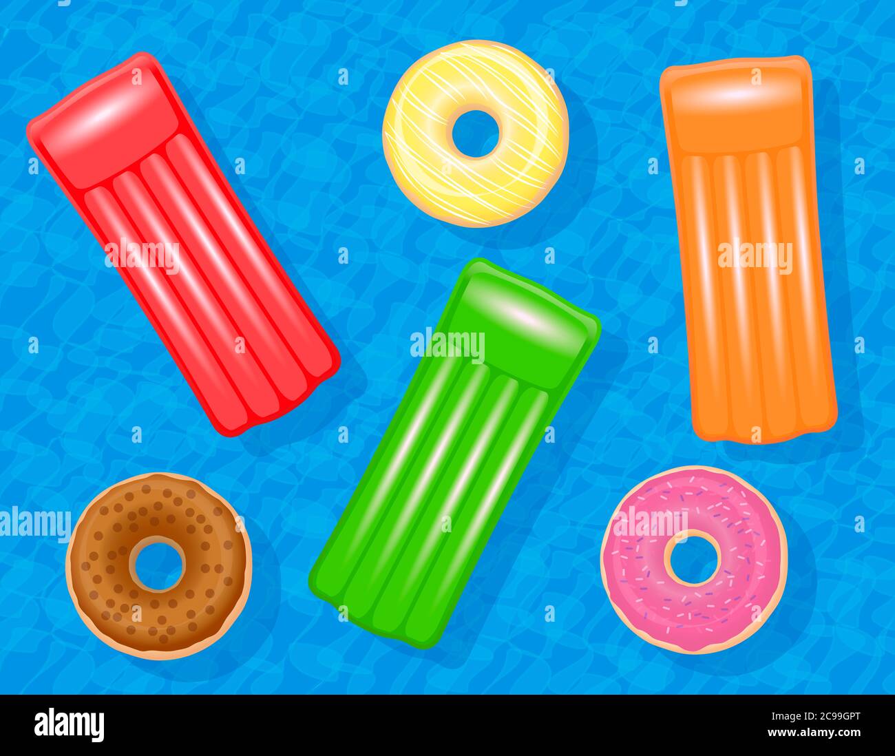 Aufblasbare Luftmatratzen und Donut Schwimmringe in einem Pool. Bunte Set schwimmend auf blauem Wasser, Symbol für Gruppenreisen Spaß. Stockfoto