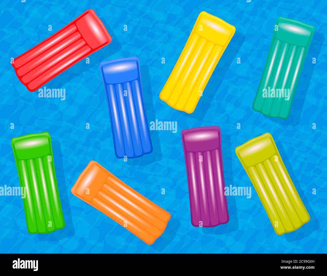 Aufblasbare bunte Luftmatratzen schwimmen in einem blauen Wasserbecken. Symbol für Sommerspaß, Gruppenreisen oder junge und freundliche Urlaubsziele. Stockfoto