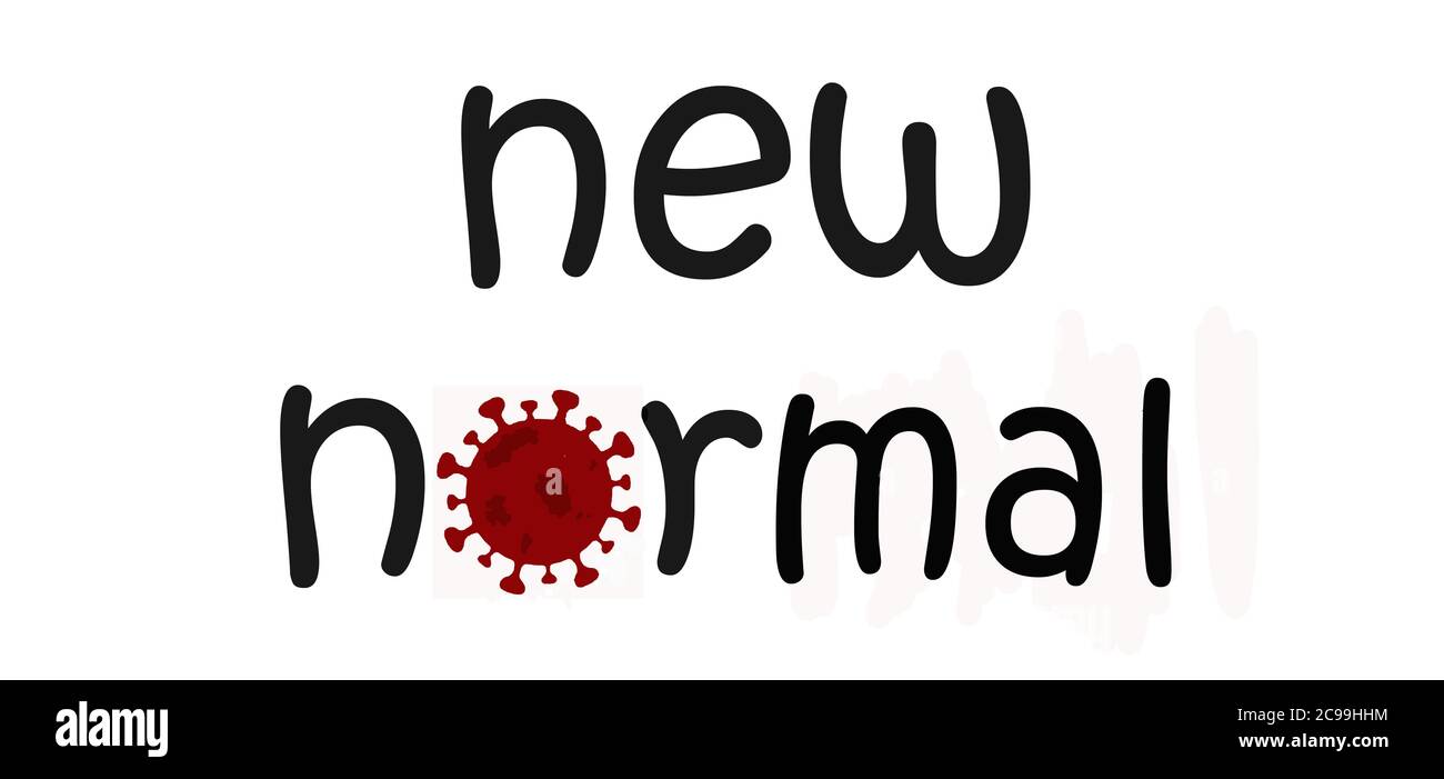 Grafik mit Textlesung "New Normal", mit Coronavirus-Symbol auf weißem Hintergrund, Platz für Ihren Text, Kopie, Konzept für eine ungewisse Zukunft, Angst Stockfoto