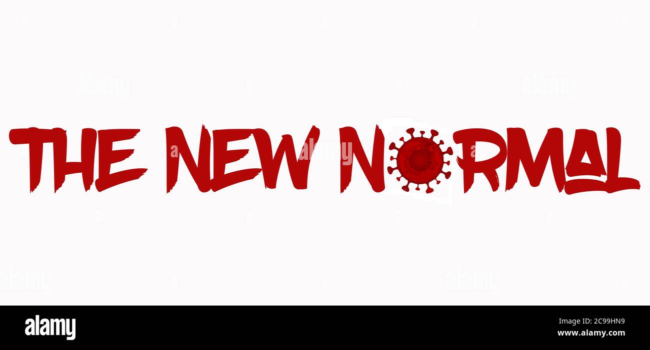 Grafik mit Text "DIE NEUE NORMALITÄT", in rot auf weißem Hintergrund, Platz für Ihren Text, Kopie, Bild, Konzept für COVID-19, Coronavirus, Veränderung Stockfoto