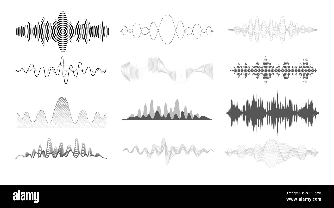 Schallwellen eingestellt. Audio-Equalizer-Technologie, Lautstärkesymbol, Pulse Musical, Voice Line Wellenform, elektronisches Funksignal, seismische Wellen. Stock Vektor