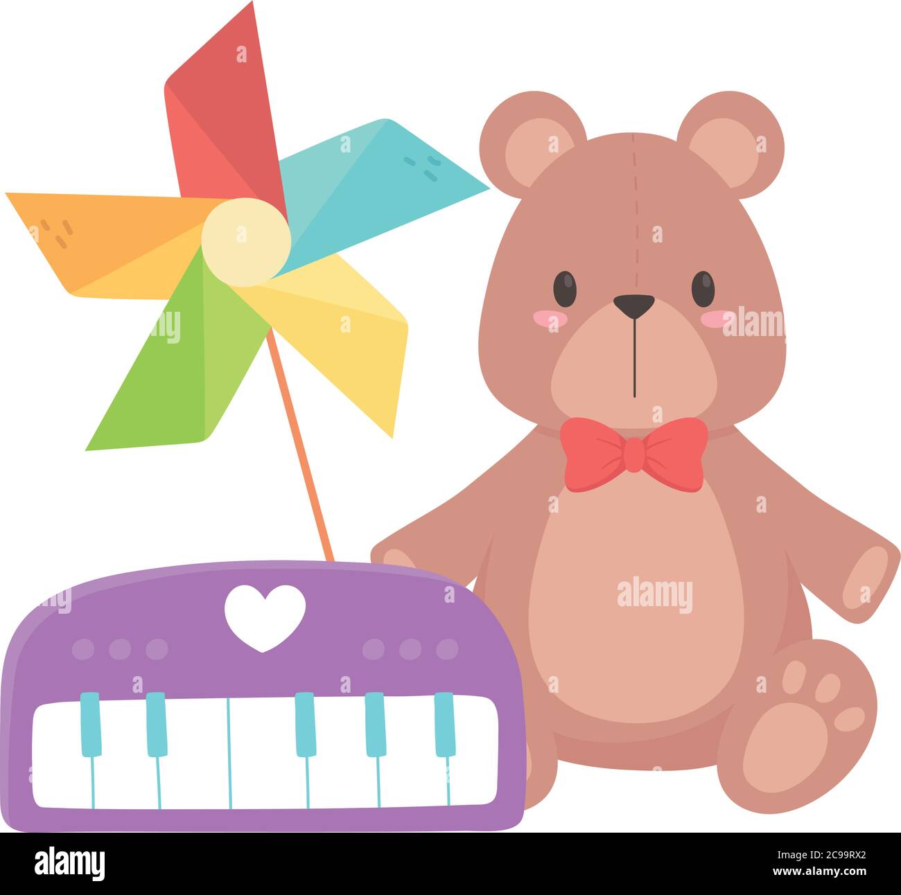 Kinder Spielzeug Objekt amüsant Cartoon Klavier Windrad und Teddybär Vektor Illustration Stock Vektor