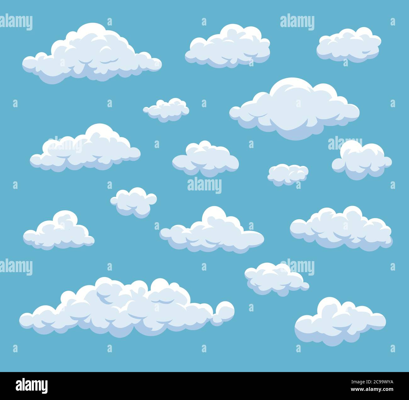 Cartoon Wolken Set. Vektorwolke isoliert am blauen Himmel. Sammlung von Wolken für Website, Poster, Plakat und Tapete. Stock Vektor