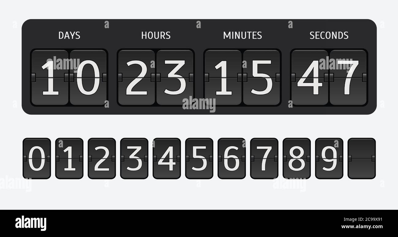 Countdown-Zeitschaltuhr drehen. Vector Zeit verbleibende Countdown-Flipboard mit Anzeigetafel von Tag, Stunde, Minuten und Sekunden. Stock Vektor