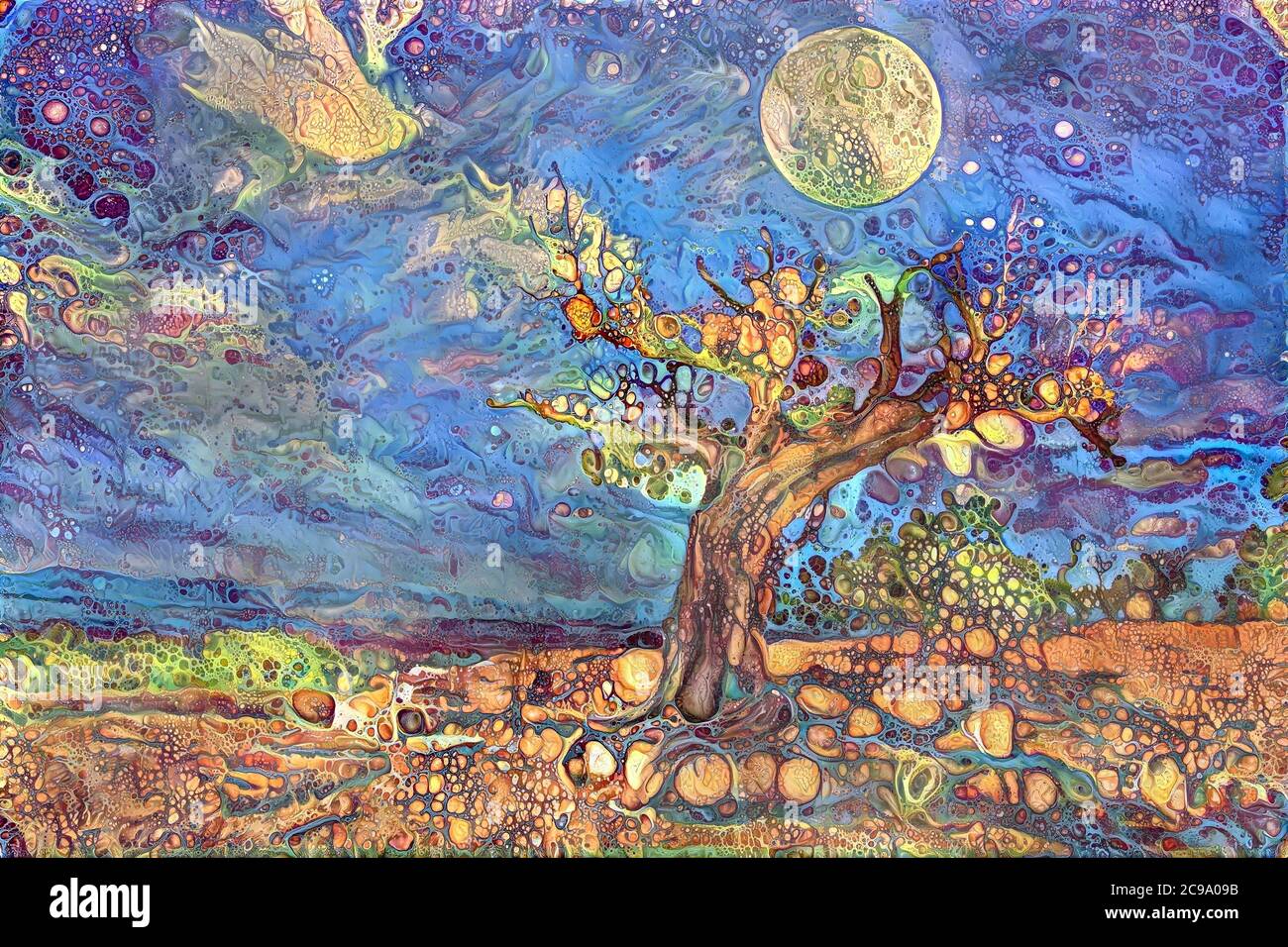 Magische Landschaft mit altem Baum. Moderne Kunst kreativen Hintergrund. 3D-Rendering Stockfoto