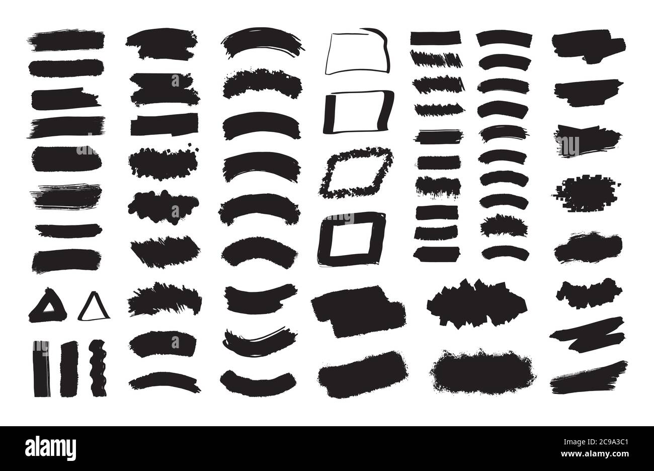 Schwarze Flecken. Sammlung von schwarzer Farbe, Tinte Pinselstriche, Pinsel, Linien, grungy. Vektorset. Stock Vektor