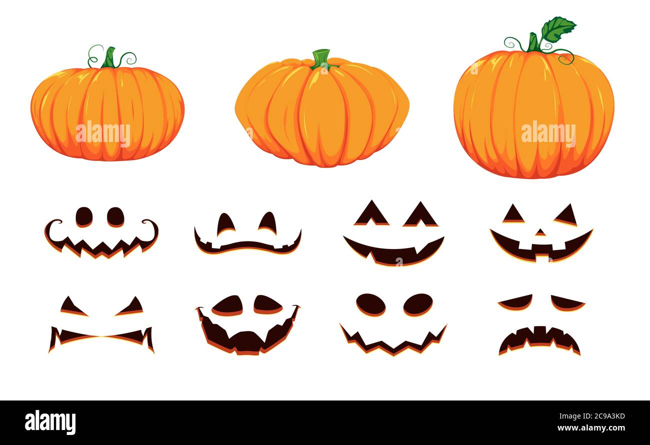 Halloween Sammlung von Kürbis Gesichter. Generator mit leeren Kürbissen und gruseligen Gesichtern. Vektorgrafik Zeichentrickset. Stock Vektor