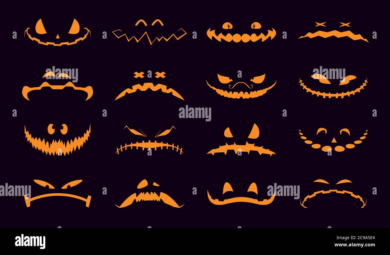 Halloween Kürbisse Gesichter. Sammlung von Halloween Kürbisse geschnitzte Gesichter Silhouetten. Kürbisse Symbole Emotion Variation. Vektorgrafik Stock Vektor