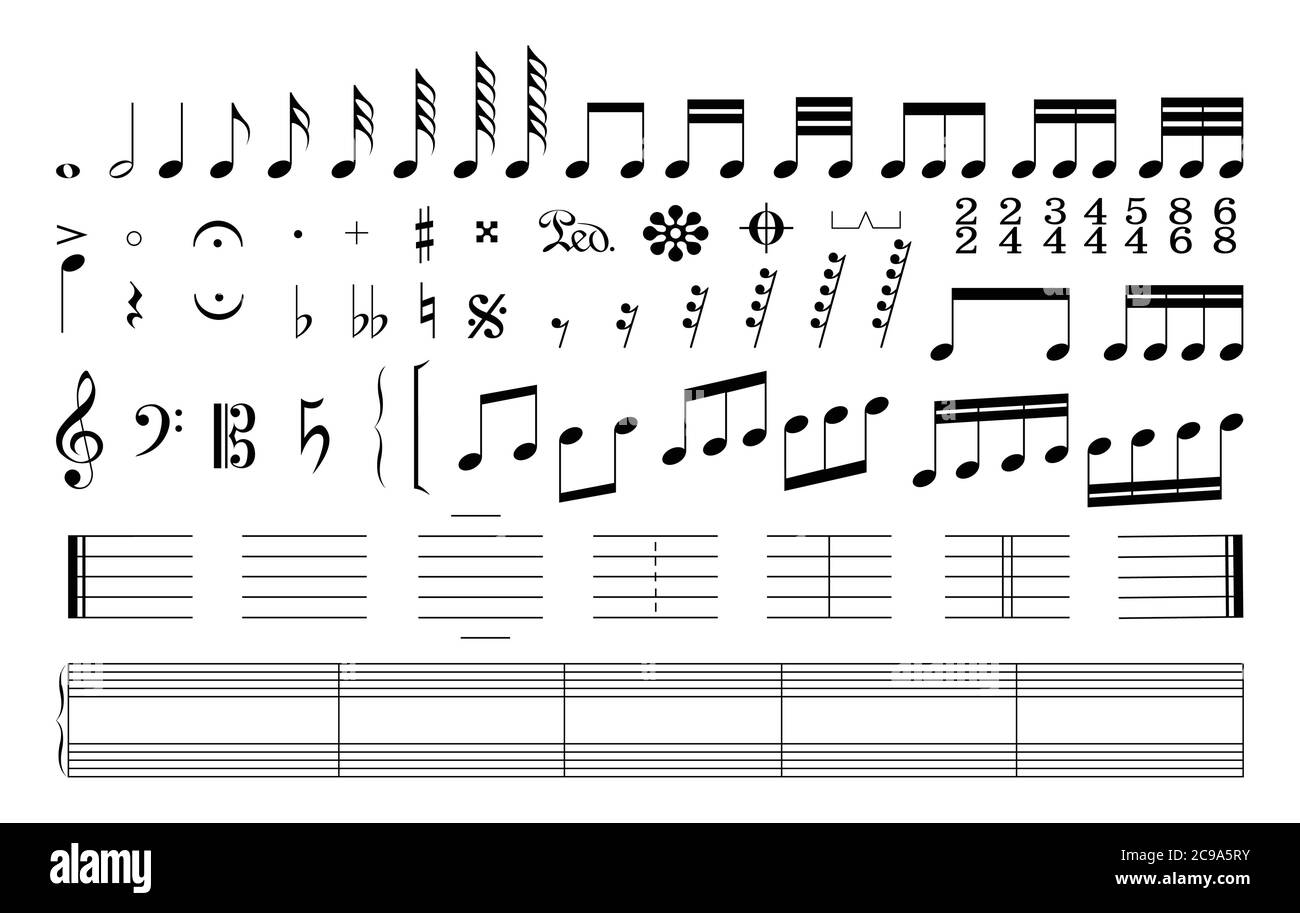 Satz von Musiknoten. Musikschilder, Tasten und Notenstafeln isoliert auf weißem Hintergrund. Stock Vektor