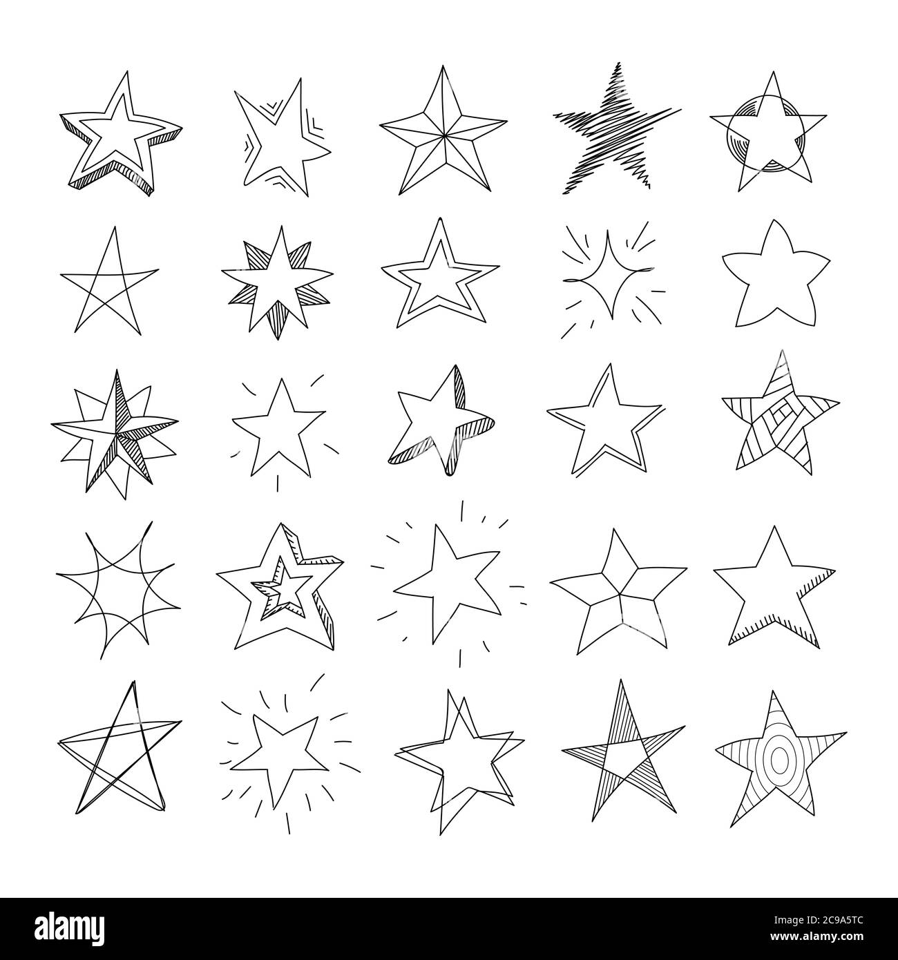 Handgezeichnete Sterne. Set von schwarzen Sternen im Doodle-Stil auf weißem Hintergrund. Vektorgrafik Stock Vektor
