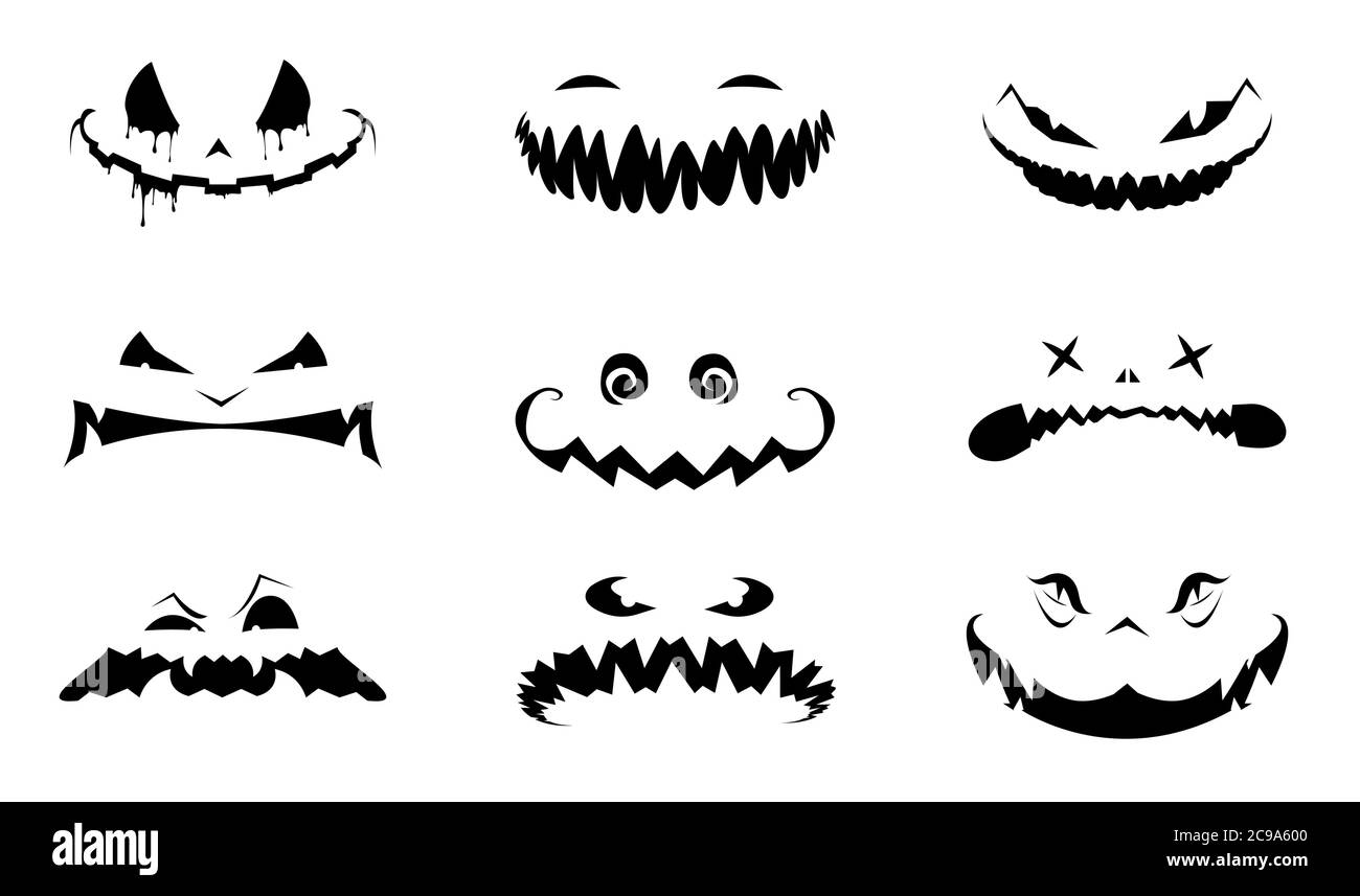 Halloween Gesicht Icon Set. Kürbis schwarze Silhouette. Einfarbige flache Design Symbol Kollektion. Vektorgrafik Stock Vektor