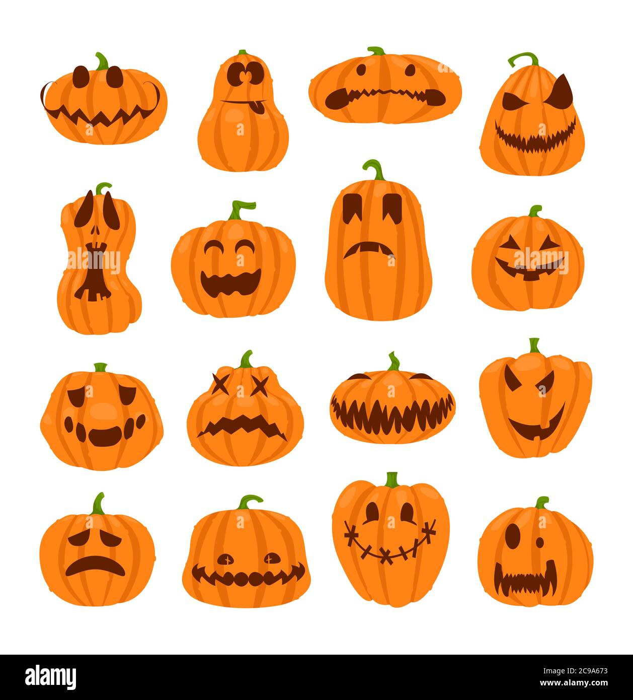 Set von halloween Kürbisse Gesichter. Das Hauptsymbol des Happy Halloween Feiertags. Orangefarbener Kürbis mit Lächeln für dein Design für den Feiertag Halloween. Stock Vektor
