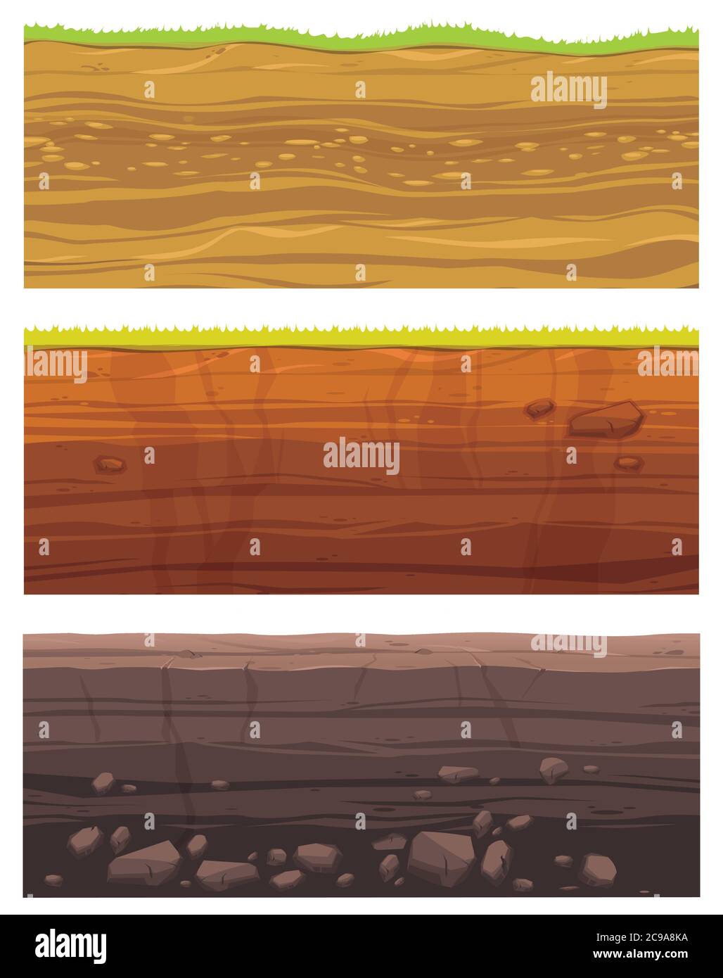 Satz von Grundebenen. Illustration des Querschnitts des Bodens mit geschichtetem Schmutz Ton, Bodenschicht mit Steinen und Gras auf Schmutz Klippe Textur Stock Vektor