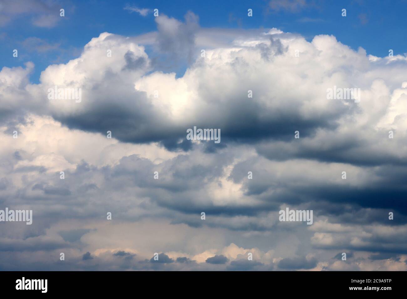 Große weiße geschwollene Wolken im Hintergrund. Stockfoto