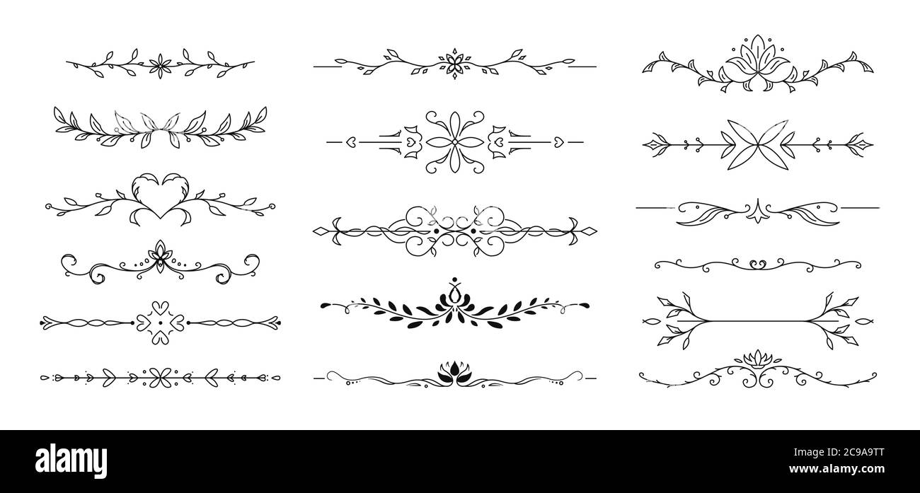 Trennlinie für Blumentext. Dekorative Trennwand und Blätter Ornamente. Vektorgrafik. Stock Vektor