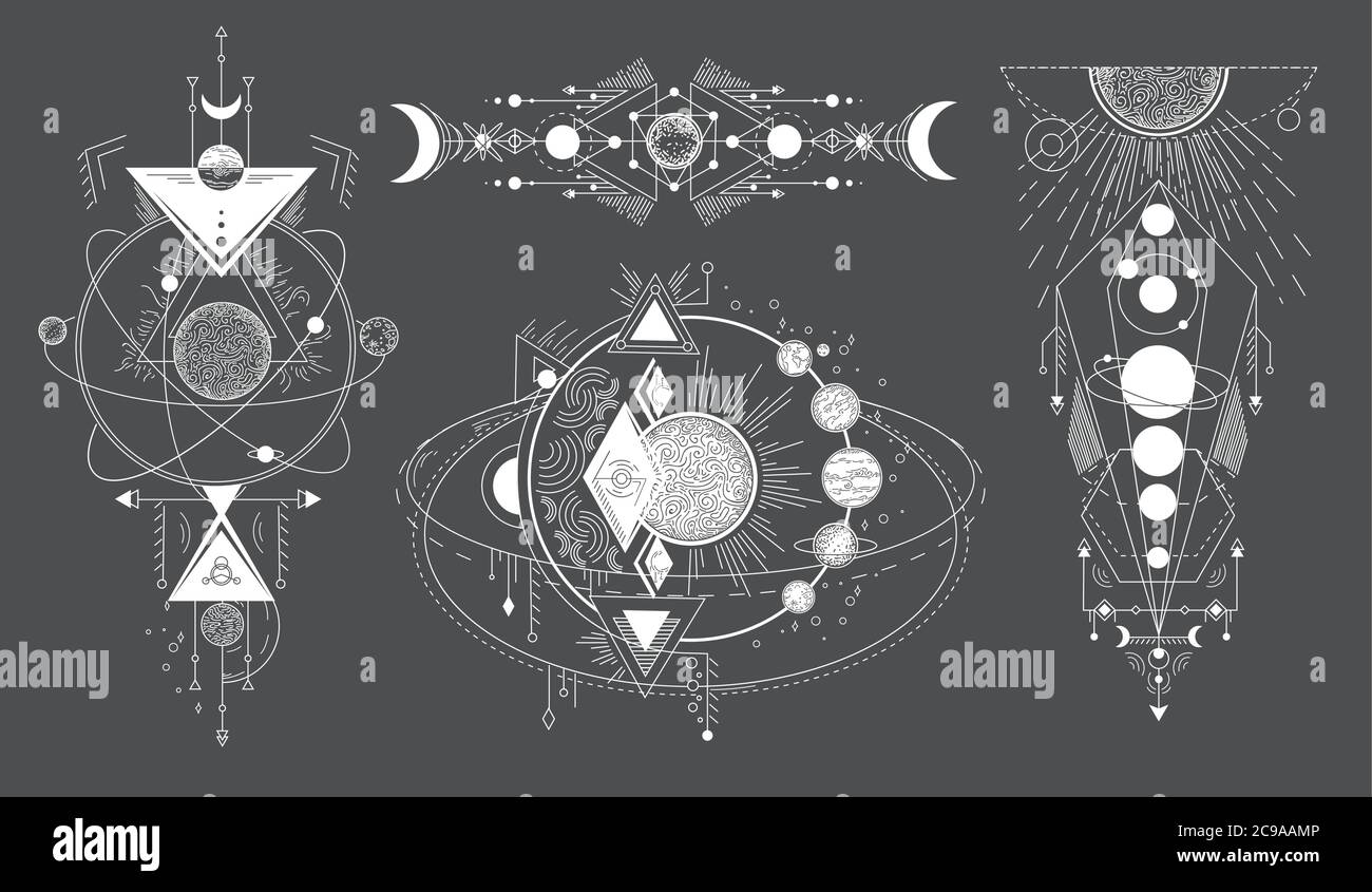 Tattoos von Raumsubjekten mit Sternsystemen. Vektor-Set von geometrischen abstrakten magischen Tattoo auf schwarzem Hintergrund. Illuminati oder Freimaurer-Tatoo Stock Vektor