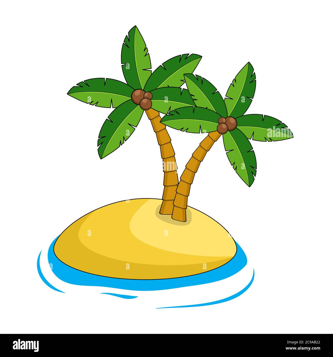 Wüste Insel Illustration isoliert auf weiß. Exotisches Paradiesland. Karikatur karibischen Rand mit Sand, Meer und tropischen Palmen. Leere Landschaft für Stock Vektor