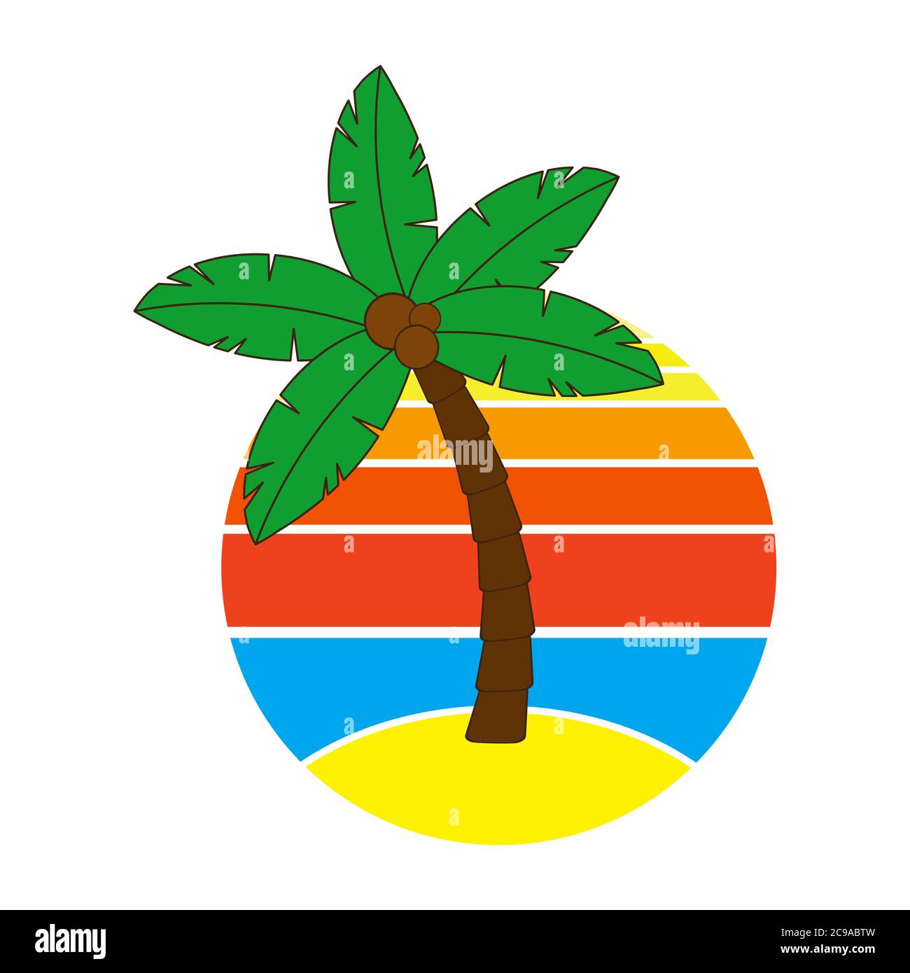 Palmen und Sonnenaufgang oder Sonnenuntergang auf hawaii an Feiertagen. Kreisförmige Grafik mit Paradies-Poster mit Streifen isoliert auf weiß. Illustration von tropisch Stock Vektor