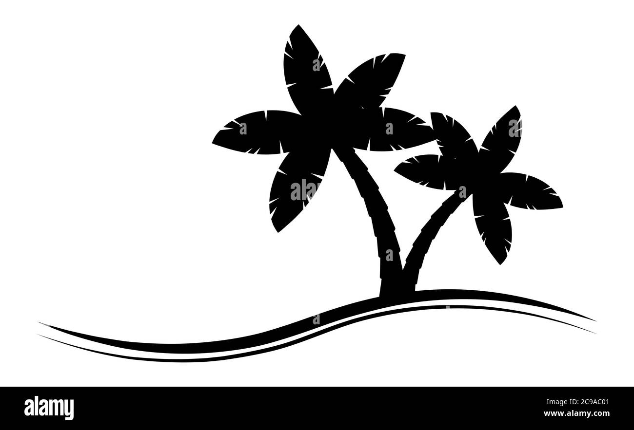 Palmtree Silhouette Grafik-Emblem auf weiß isoliert. Schwarz-weißes Palmenpiktogramm mit Kopierplatz. Illustration der tropischen Palmenlandschaft für V Stock Vektor