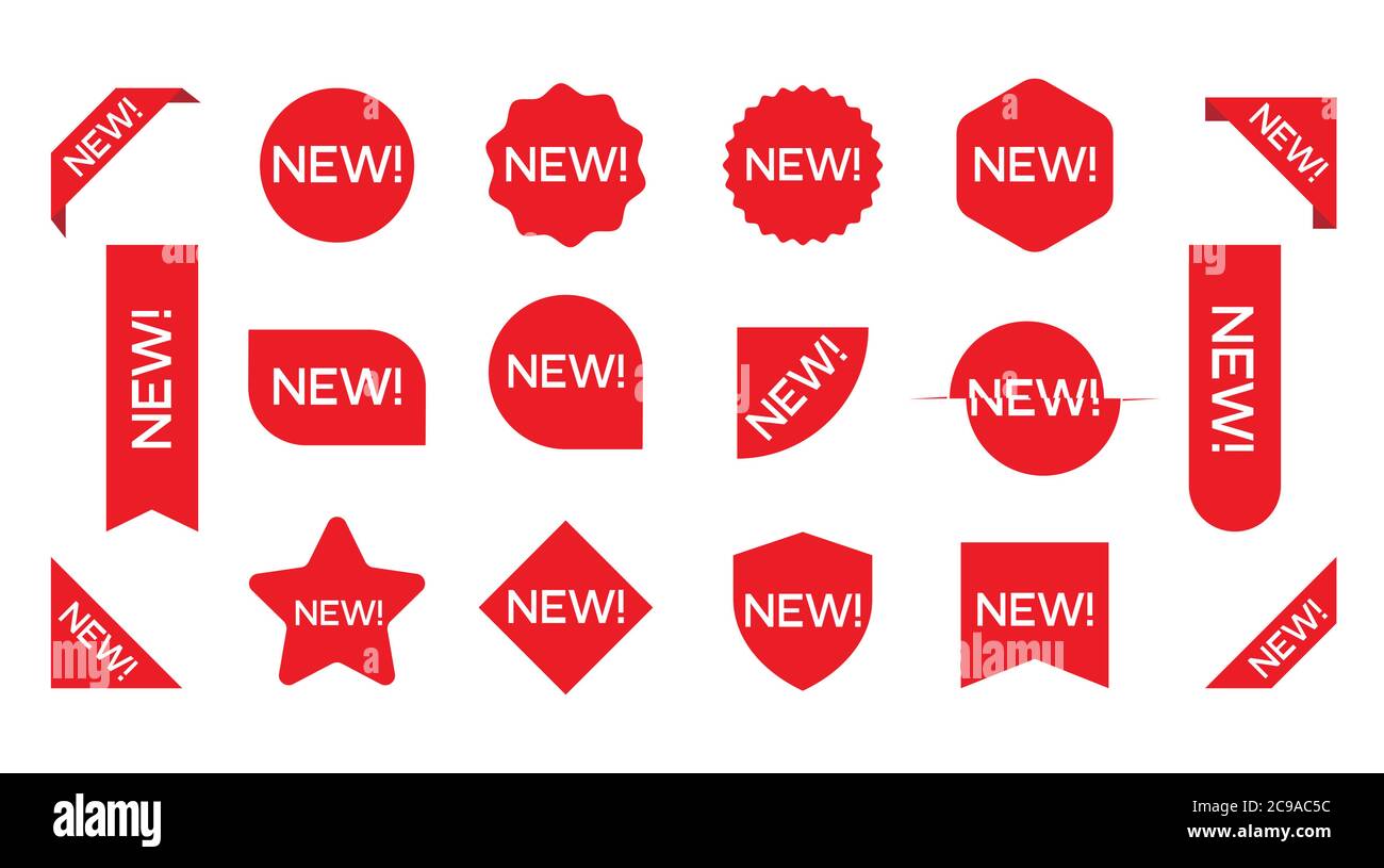 Neuer Aufkleber-Satz. Eckbanner, neue Tag-Etiketten und Present-Buttons. Sticker-Symbol mit Text isoliert auf weißem Hintergrund. Stock Vektor