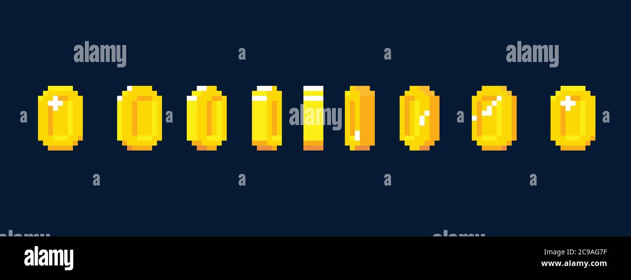 Pixel Art Goldmünze Animation. Schritt für Schritt Flipping Animation Frames von Bit-Münze. Vektor Goldmünze für Videospiel. Stock Vektor
