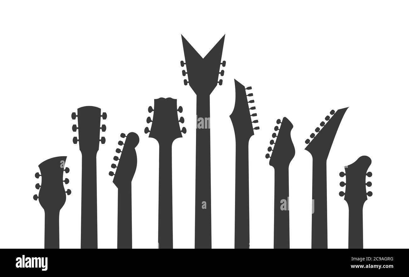 Gitarre Kopfplatte Silhouette. E-Gitarren, Akustikgitarren oder Rock-Gitarre Vektor Kopfplatte. Stock Vektor