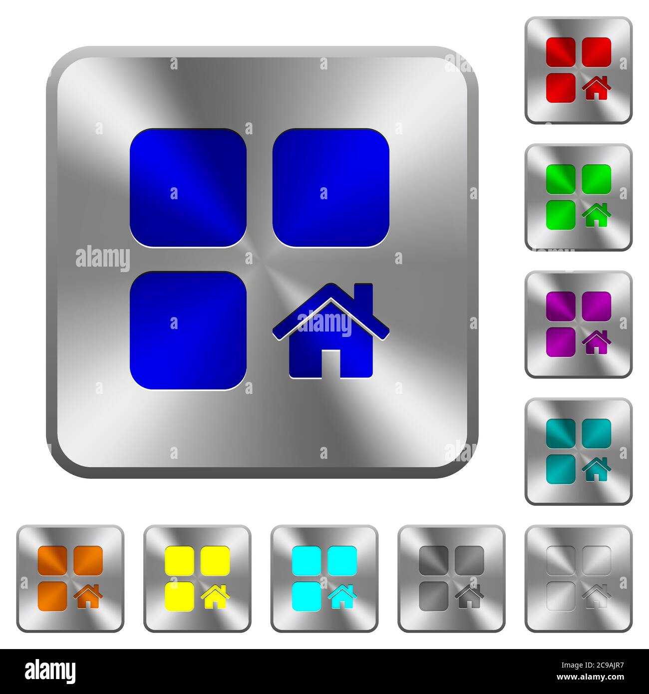 Standardkomponente gravierte Symbole auf abgerundeten quadratischen glänzenden Stahlknöpfen Stock Vektor