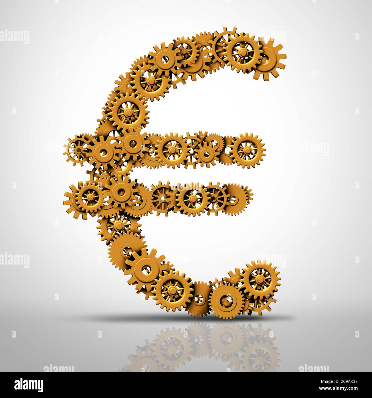 Europäisches Industriesymbol und Euro-Geldsymbol als Gruppe von Zahnrädern und Zahnrädern als Wirtschafts- oder Wirtschaftssymbol für Unternehmen in Deutschland oder Frankreich und Italien. Stockfoto