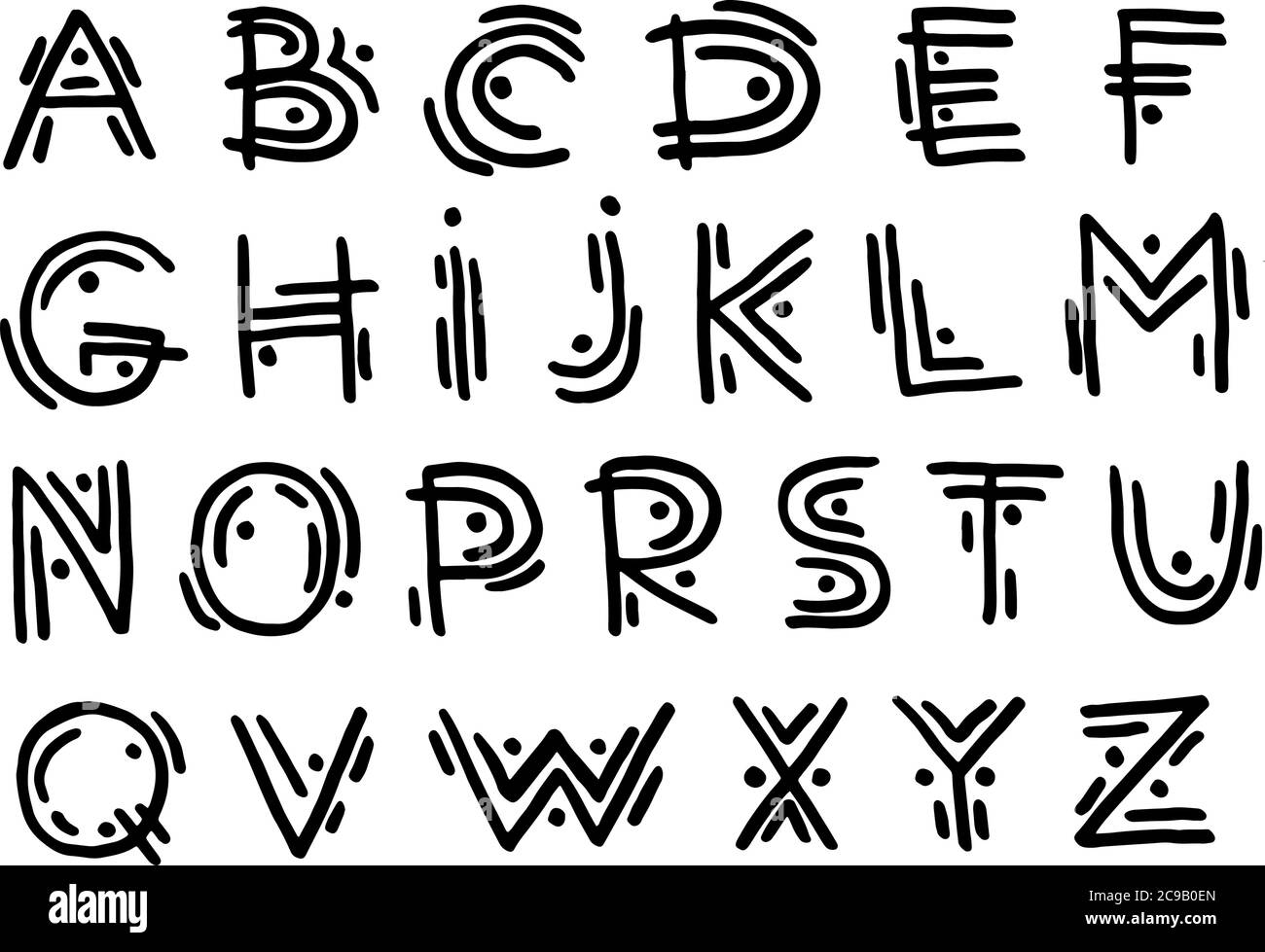 Handgezeichnetes schamanisches Stammesalphabet. Design mit englischen Buchstaben. Minimal Stil Buchstaben, Typografie Design. Handgezeichnetes Trendset. Einfache moderne Cartoon de Stock Vektor