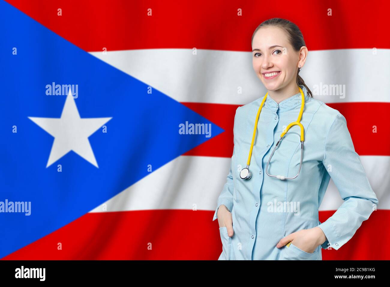 Commonwealth von Puerto Rico Gesundheitskonzept mit Arzt auf Hintergrund. Krankenversicherung, Arbeit oder Studium im Land Stockfoto