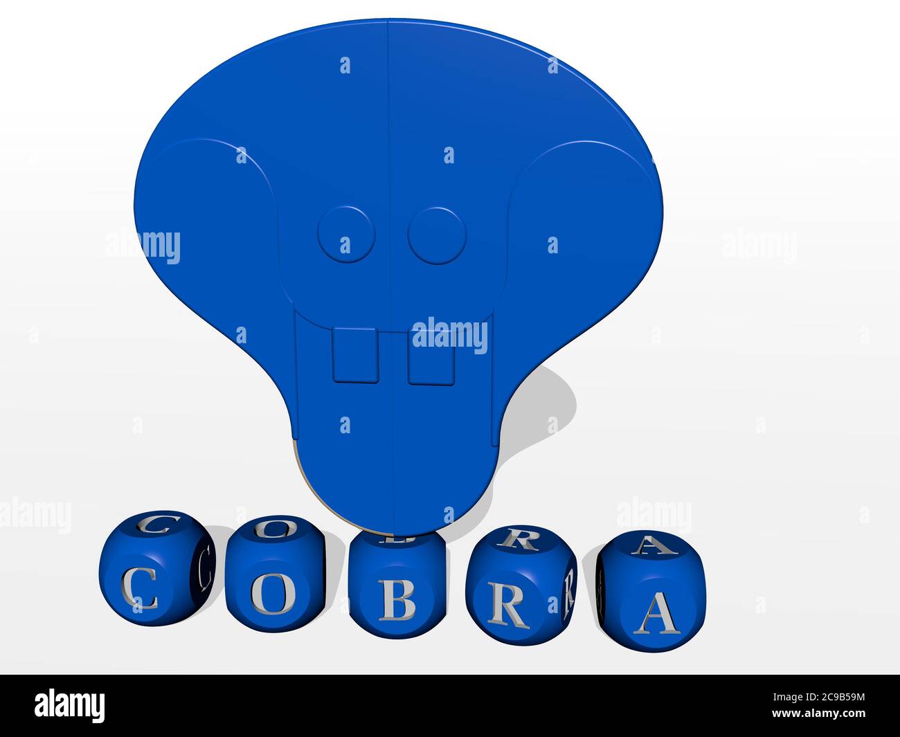3D-Grafik-Bild von COBRA vertikal zusammen mit Text von metallischen kubischen Buchstaben aus der oberen Perspektive gebaut, ausgezeichnet für das Konzept Präsentation und Diashows. Illustration und Schlange Stockfoto