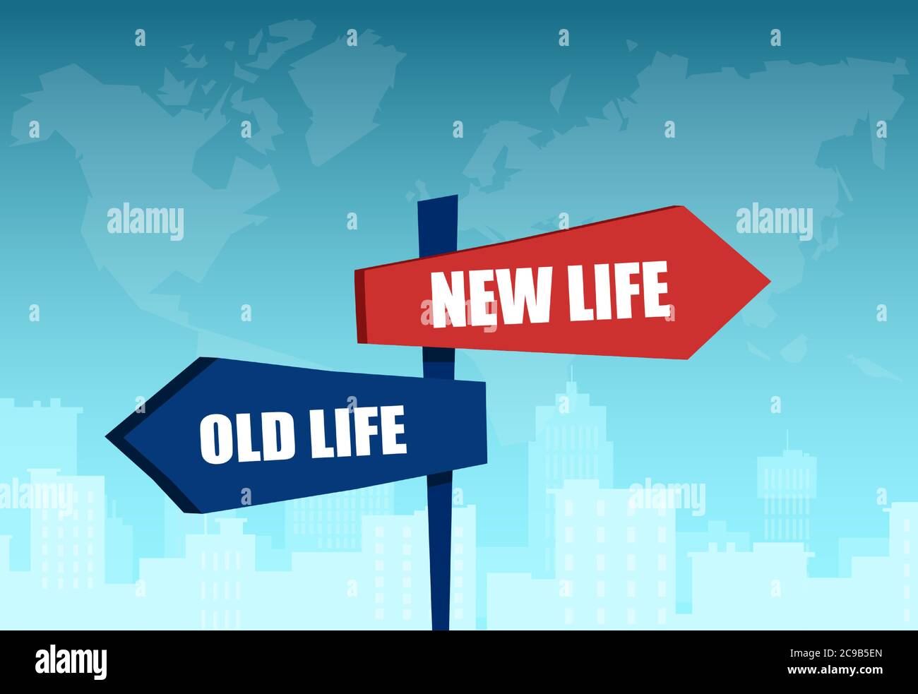 Vektor eines Wegweisern mit Pfeilen altes und neues Leben zeigt in zwei entgegengesetzte Richtungen auf Stadtbild Weltkarte Hintergrund Stock Vektor