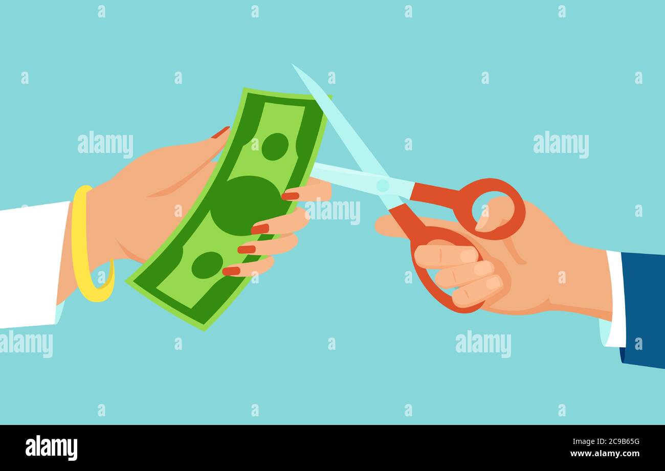 Vektor eines Mannes Hand mit Schere schneiden Dollar Banknote, Einkommen einer Frau Stock Vektor